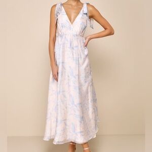 Breathtaking Charm Blush and Blue Floral Tie-Strap Maxi Dress
